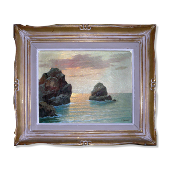 Tableau bord de mer au crespuscule de P. Dupret avec cadre