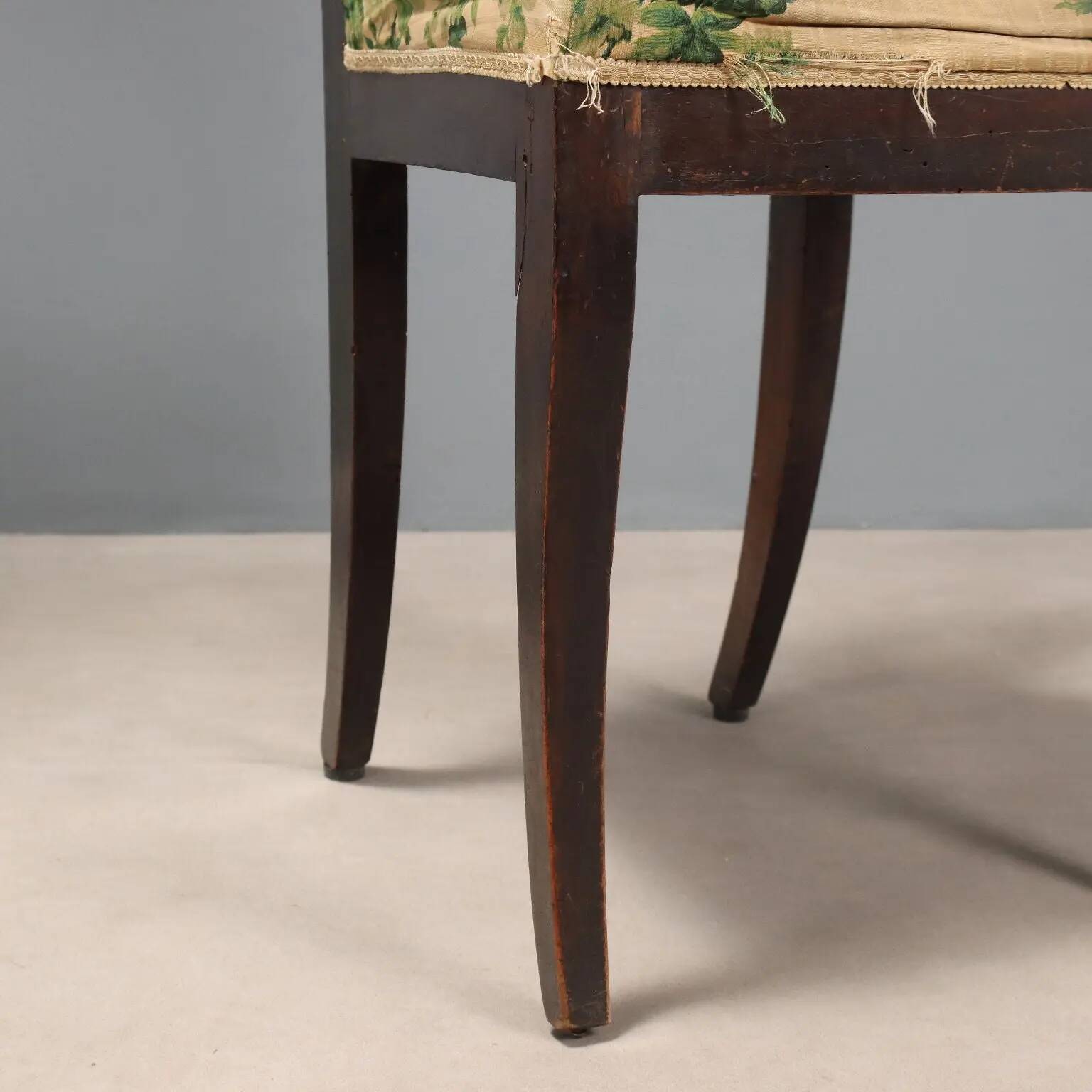 Pair of antique Directoire chairs in walnut and fabric, Italy, 19th century.