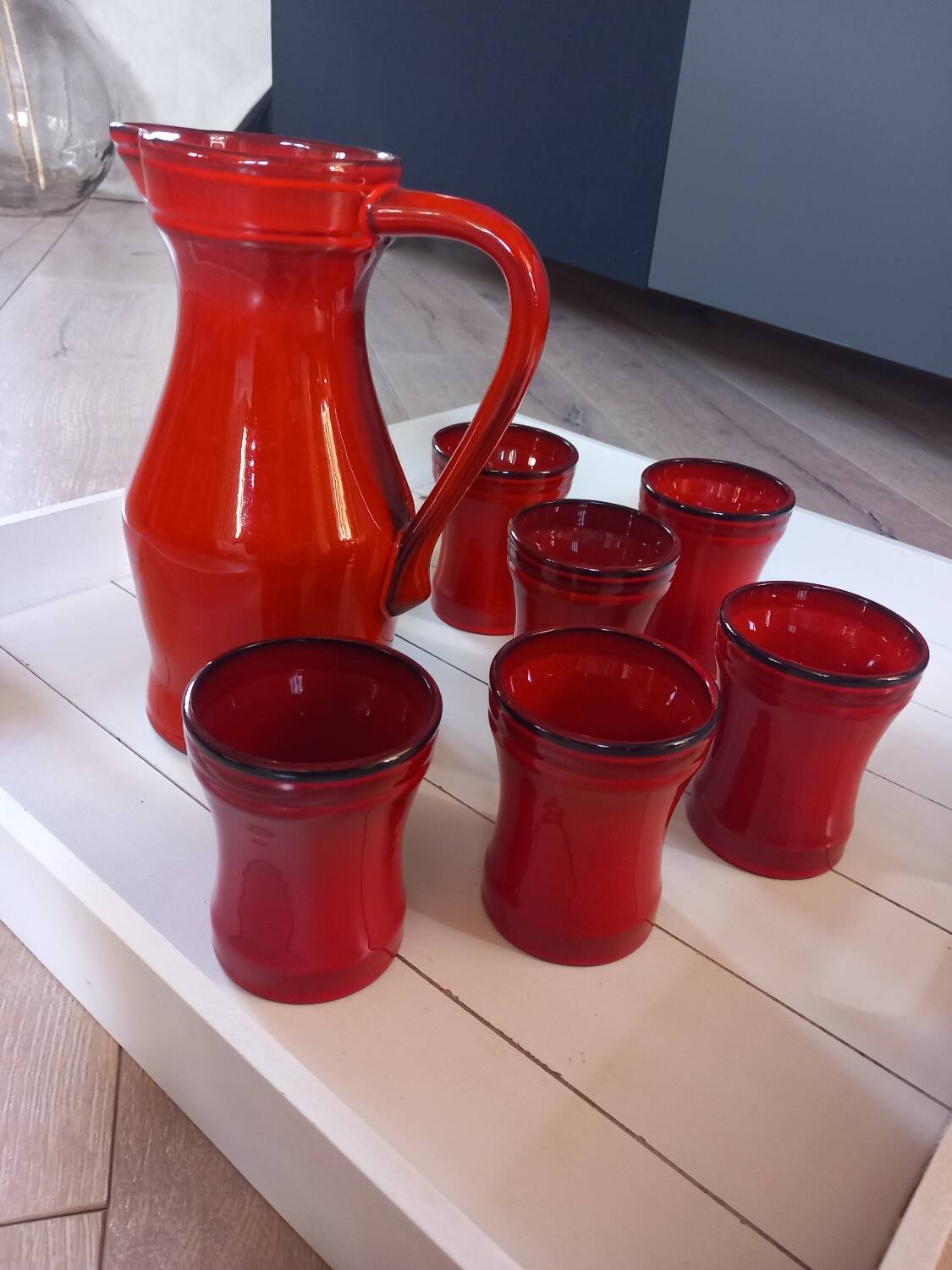 Pitcher and 6 old Elchinger mug glasses