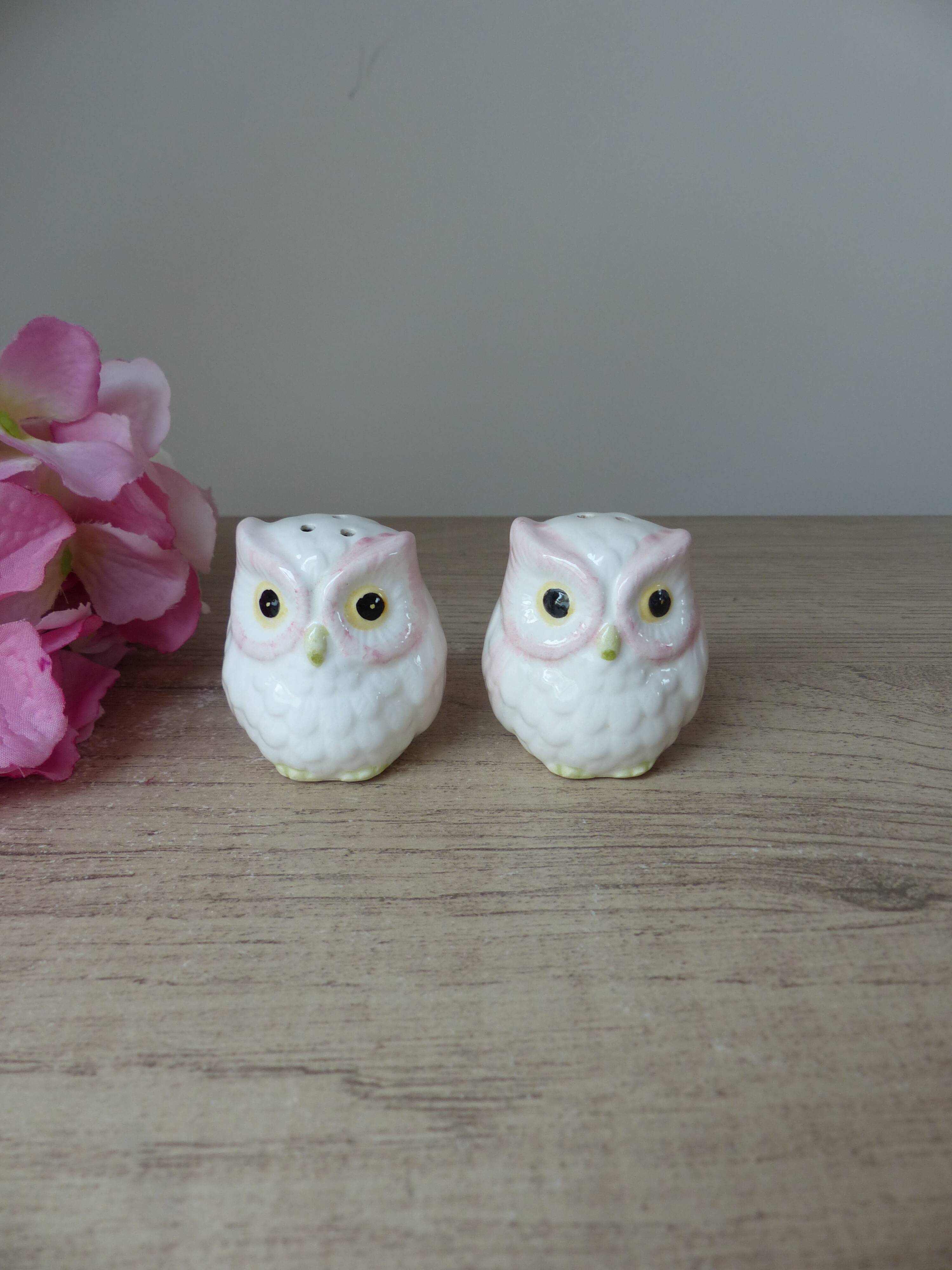 Vintage japan white and pink ceramic owl salt and pepper shaker set