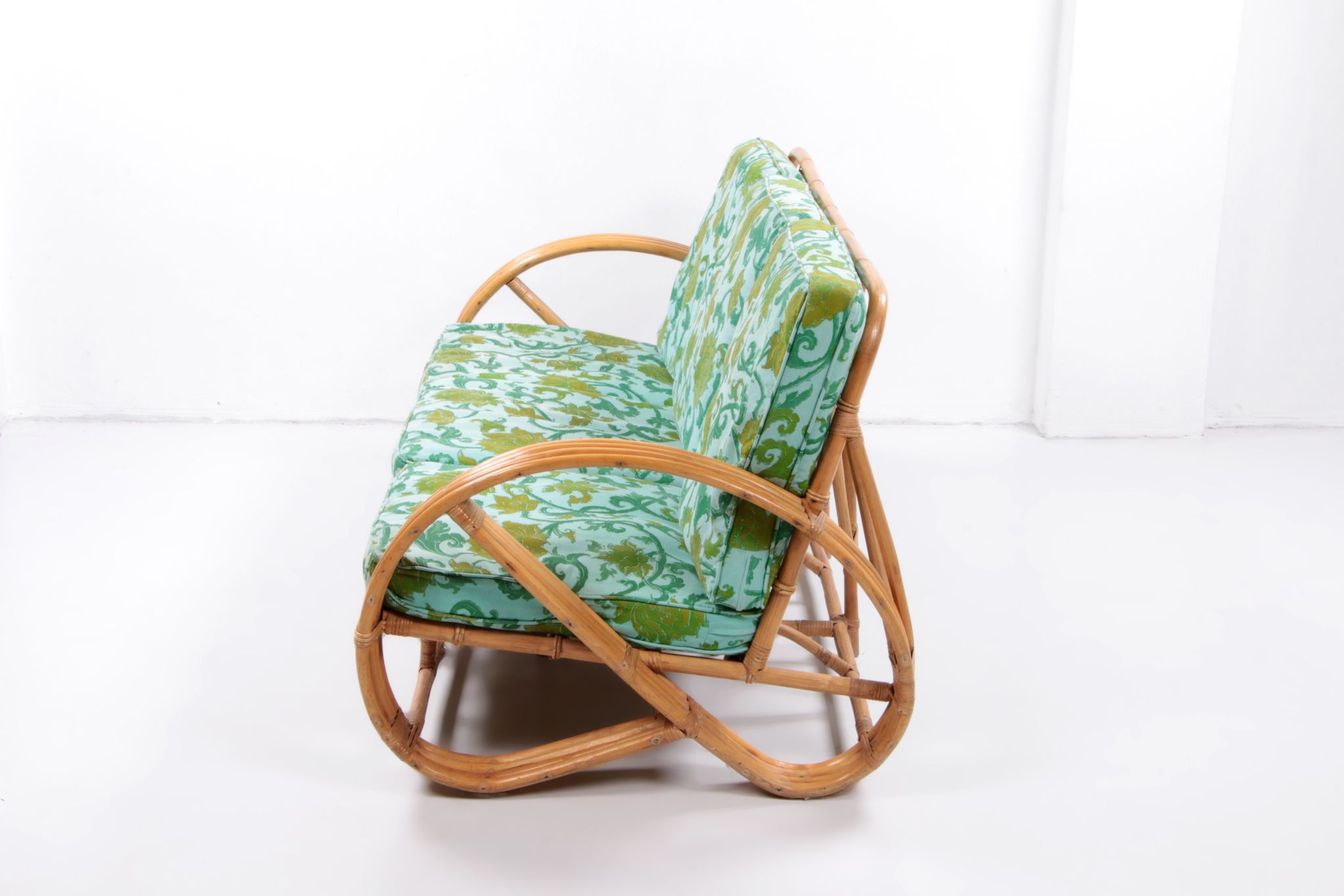 Vintage set of bamboo lounge armchairs and sofa with coffee table Paul Frankl, 1960s
