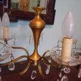 Suspension 5 feux, métal doré, coupelles en verre agrémentées de pampilles en verre