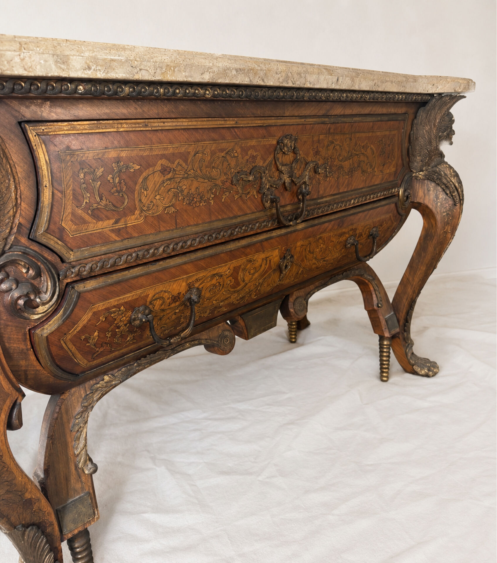 Ornamental commode in marquetry, marble, winged figures - Napoleon III