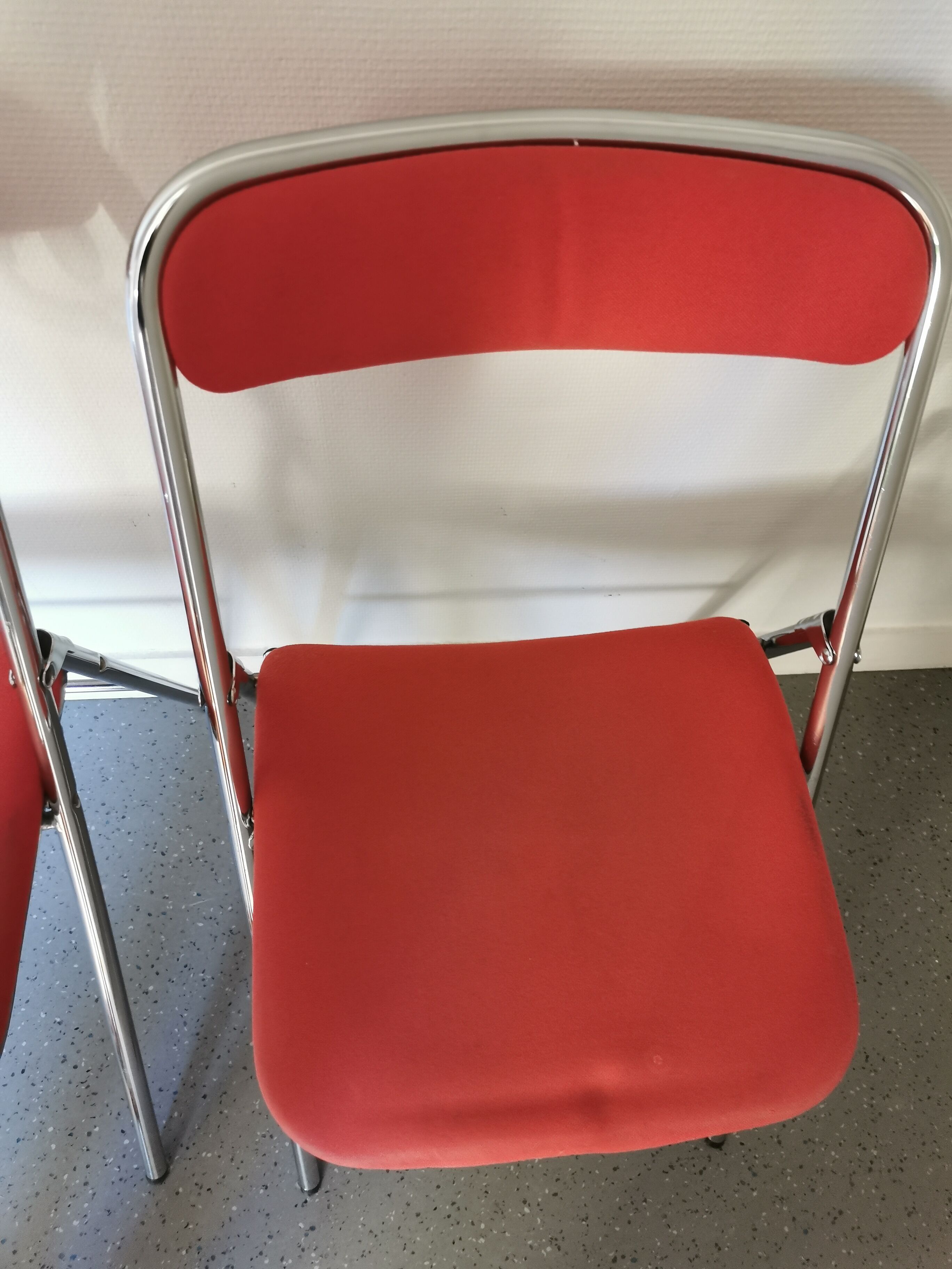 4 red and chrome folding chairs, Plichaise by Souvignet, France, 1970