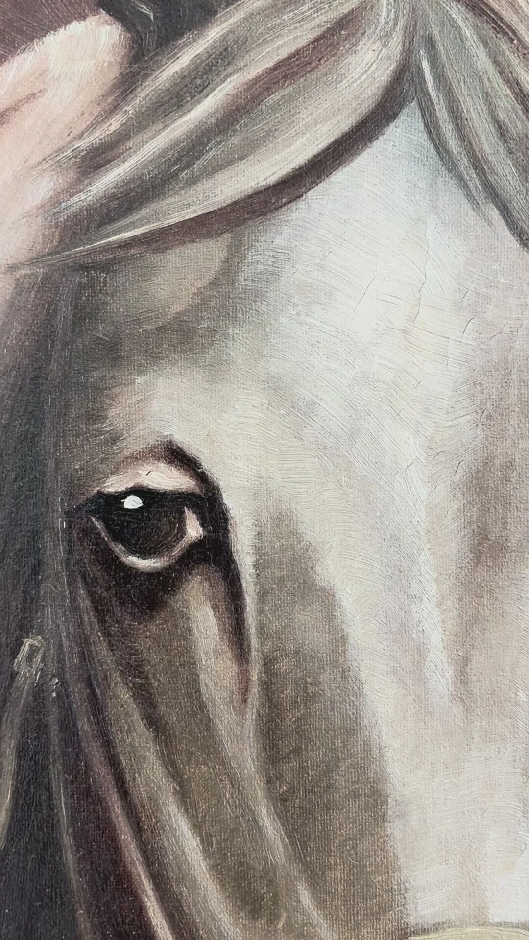 Peinture à l'huile vintage originale de cheval blanc, portrait équestre signé.