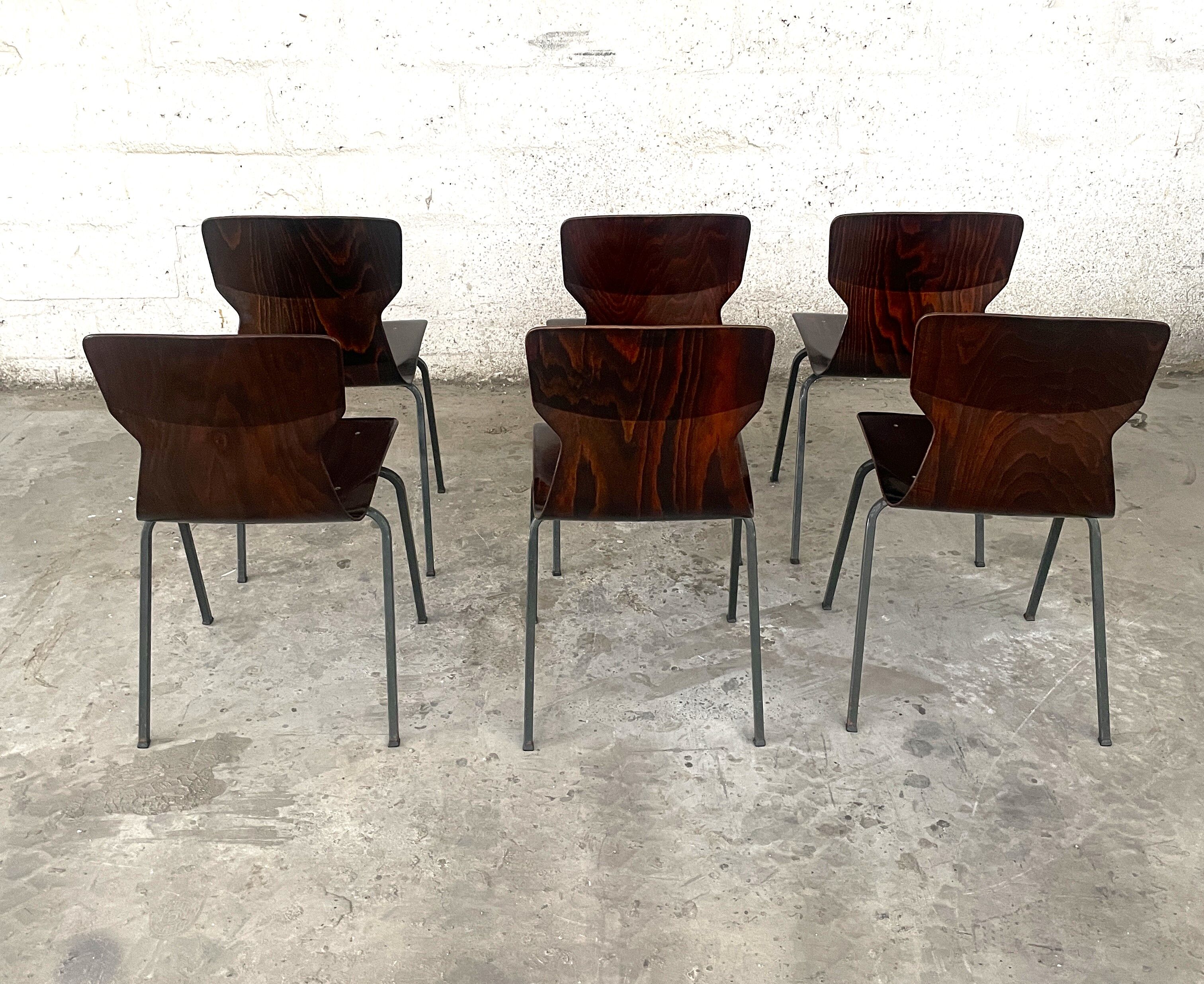 Set of 6 wenge wood chairs and green steel of gray