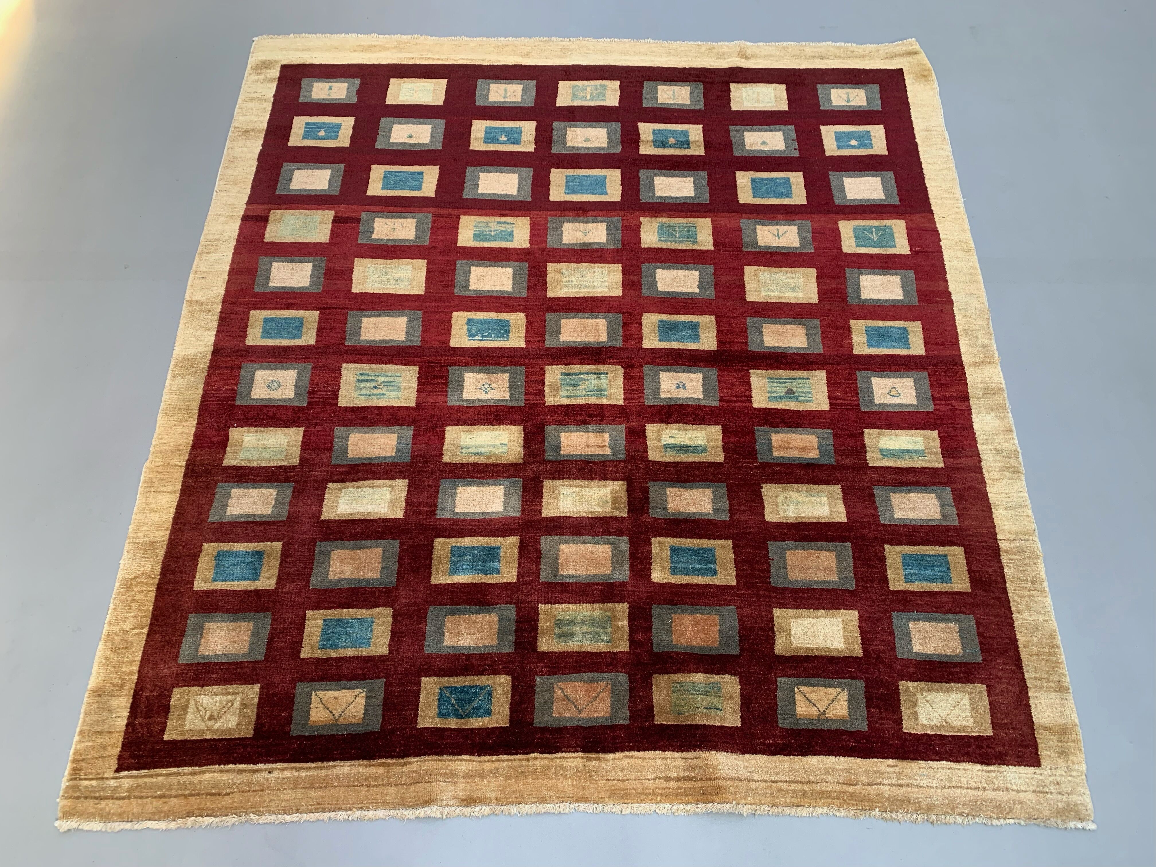 Afghan chobi art deco rug 183x173 cm, square tribal handmade,wool, beige