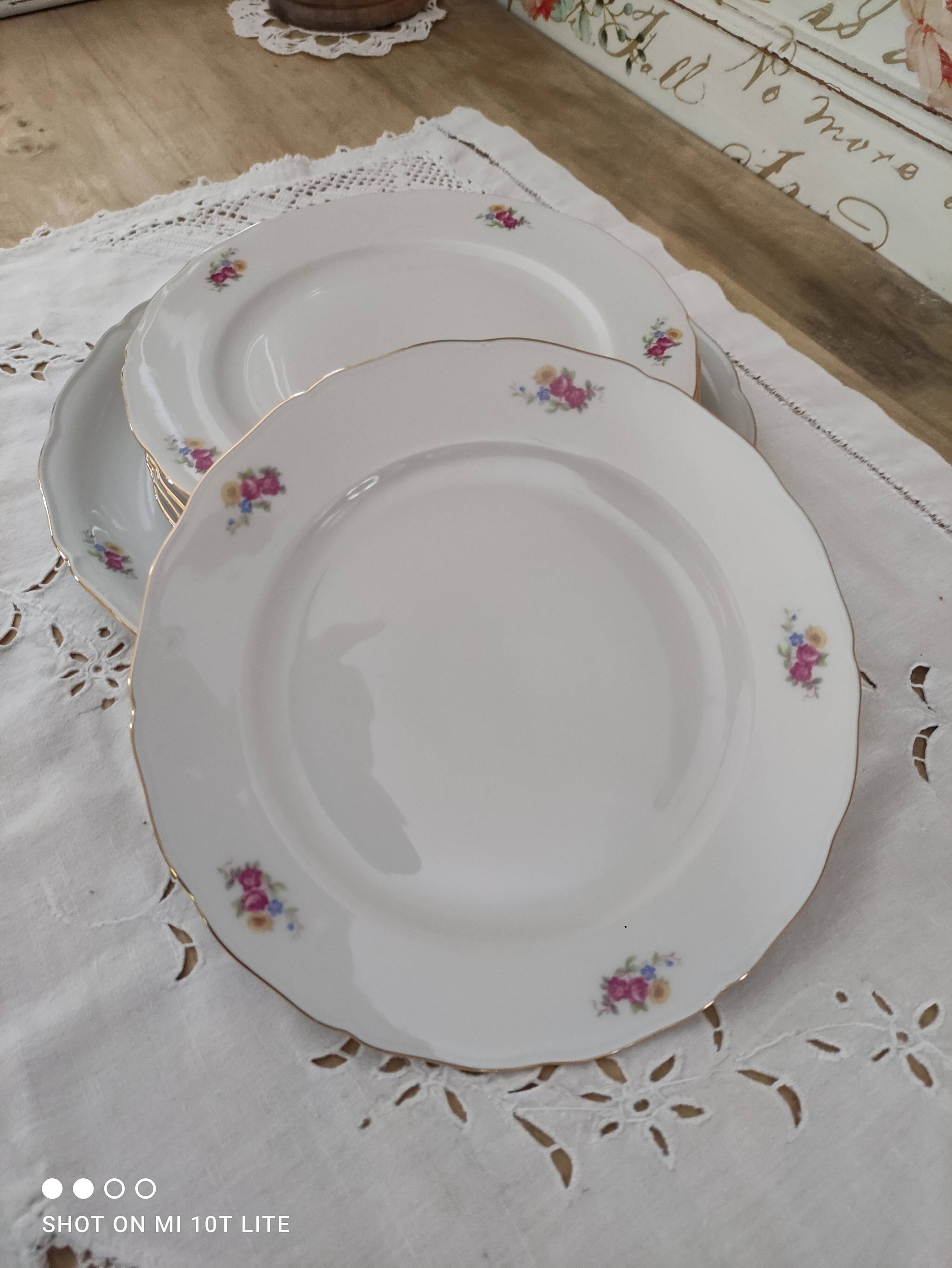 Dessert service 6 people 7 pieces porcelain Bavaria white decoration roses field flowers