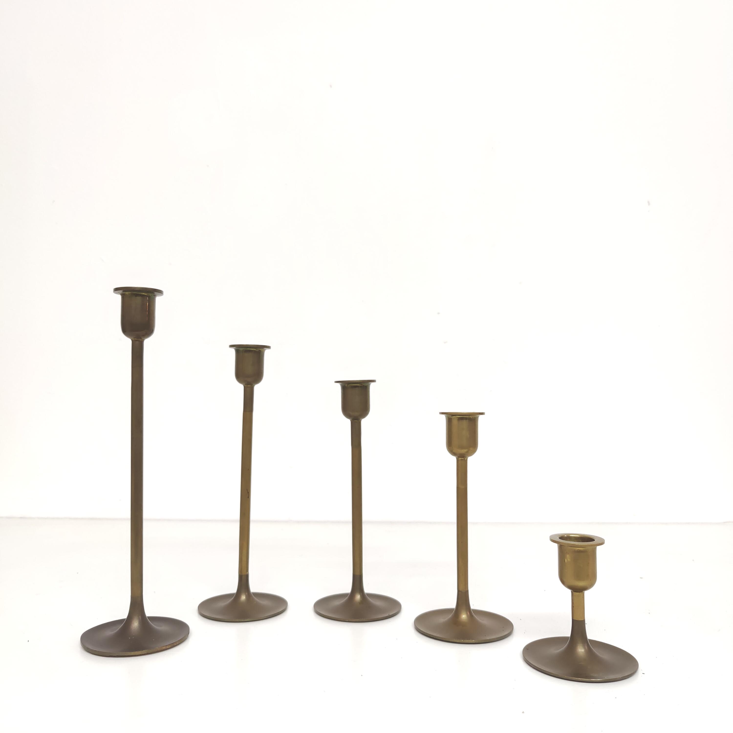 Set of 5 Scandinavian brass candlesticks 1960