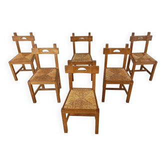Vintage oak and wicker brutalist chairs, 1960s