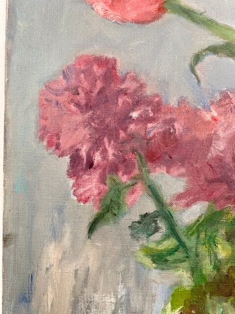 Ancient painting, still life in vase, flower pot and pitcher, signed, 20th century