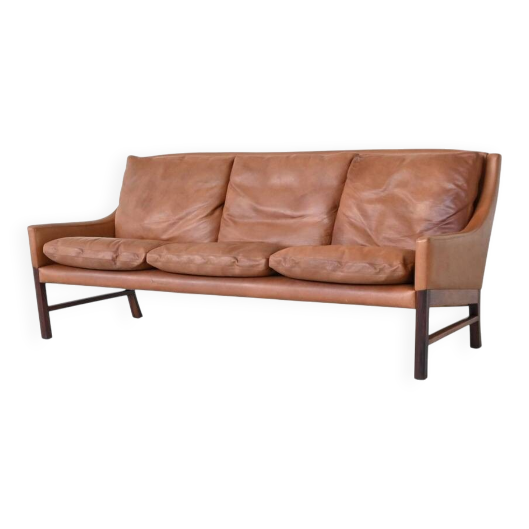 Canapé scandinave trois places en palissandre et cuir marron Danemark 1960