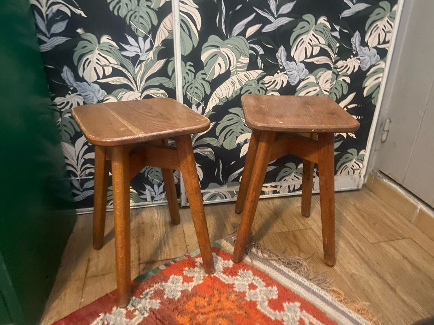 Pair of brutalist solid oak stools