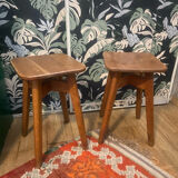 Pair of brutalist solid oak stools