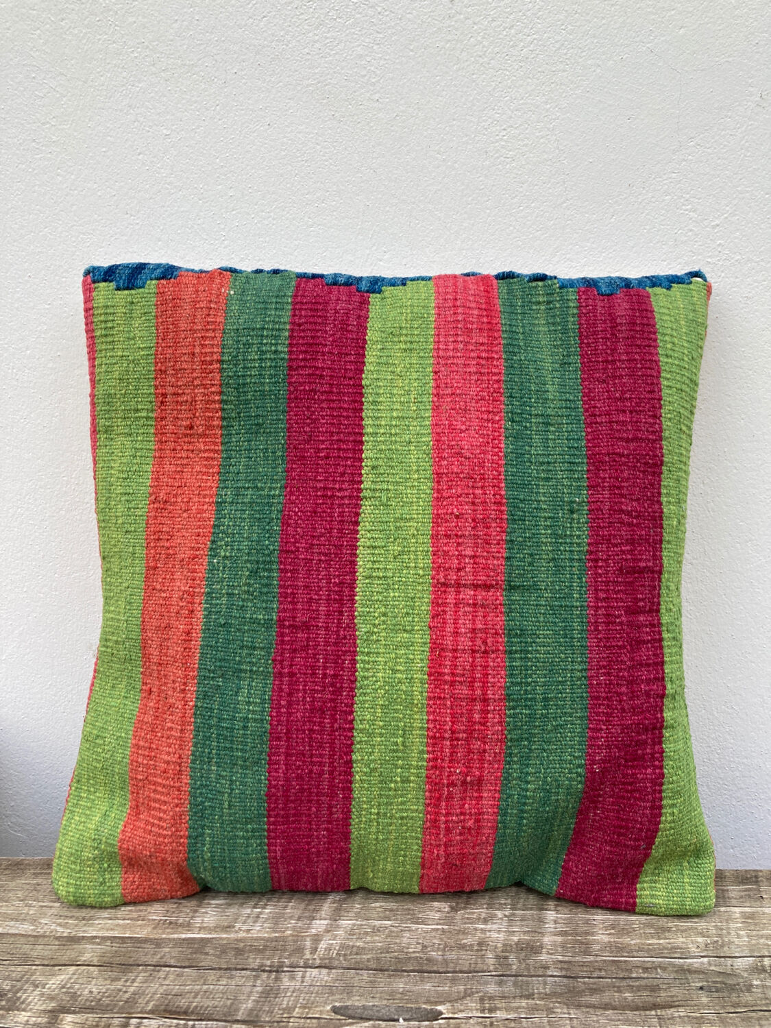 Turkish kilim cushion with stripes green red orange and blue 50x50cm