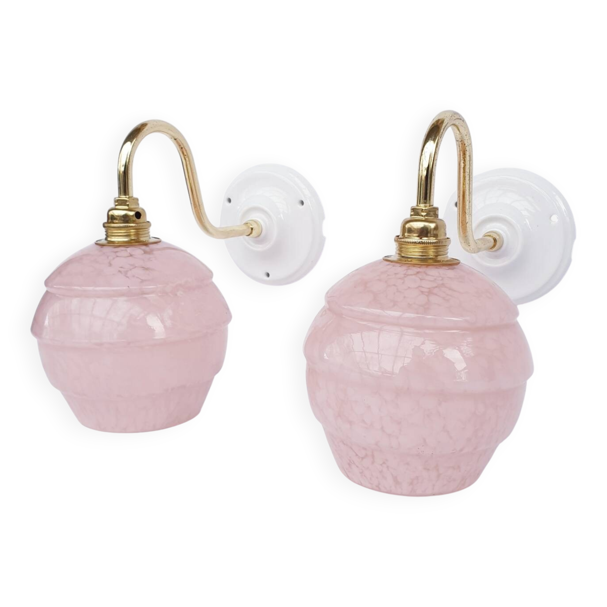 pair of vintage speckled pink and brass wall lights