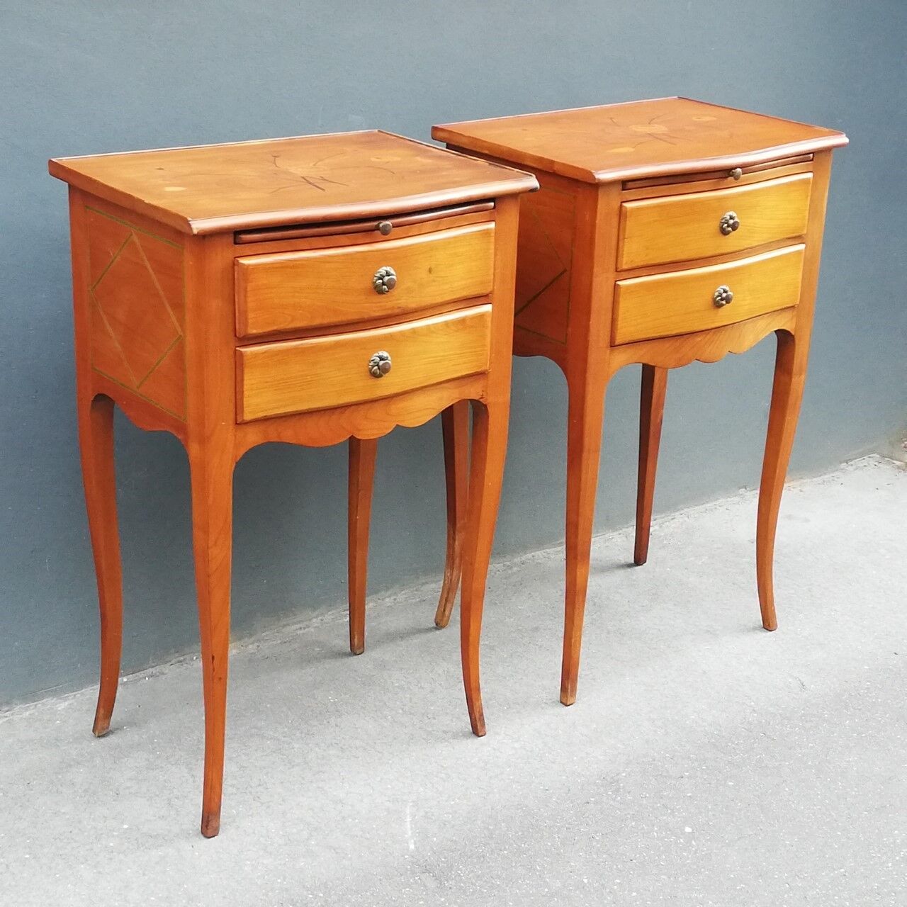Pair of neoclassical solid wood bedside tables