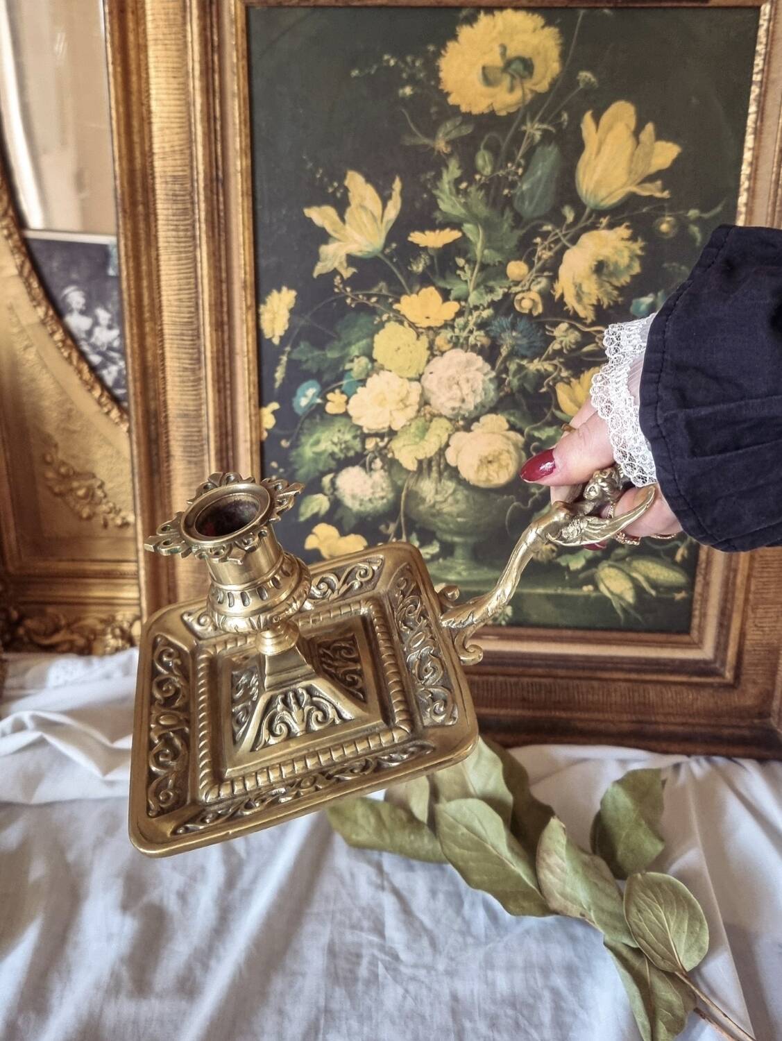 Large bronze hand candle holder