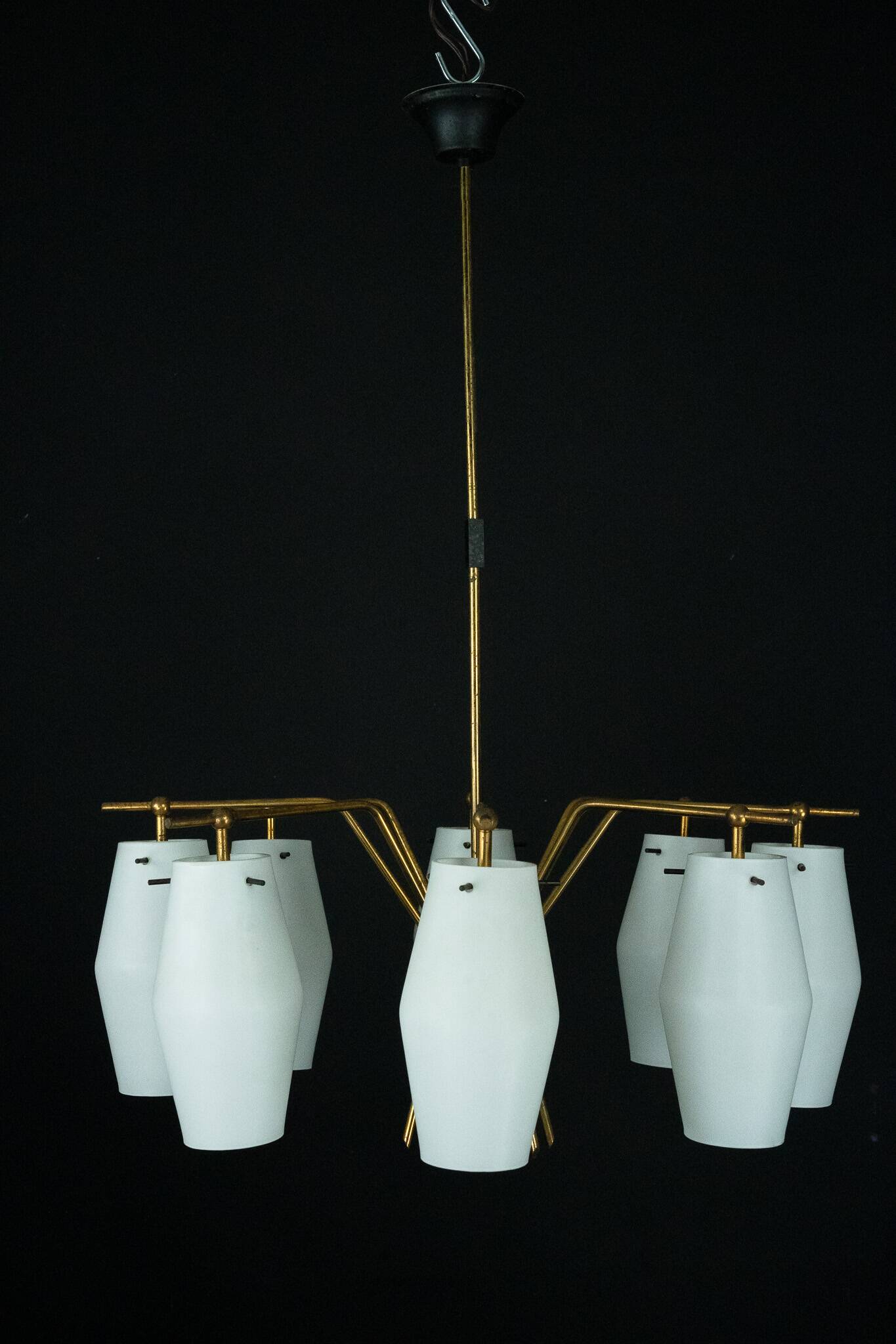 Mid-century chandelier with eight opaline glass shades