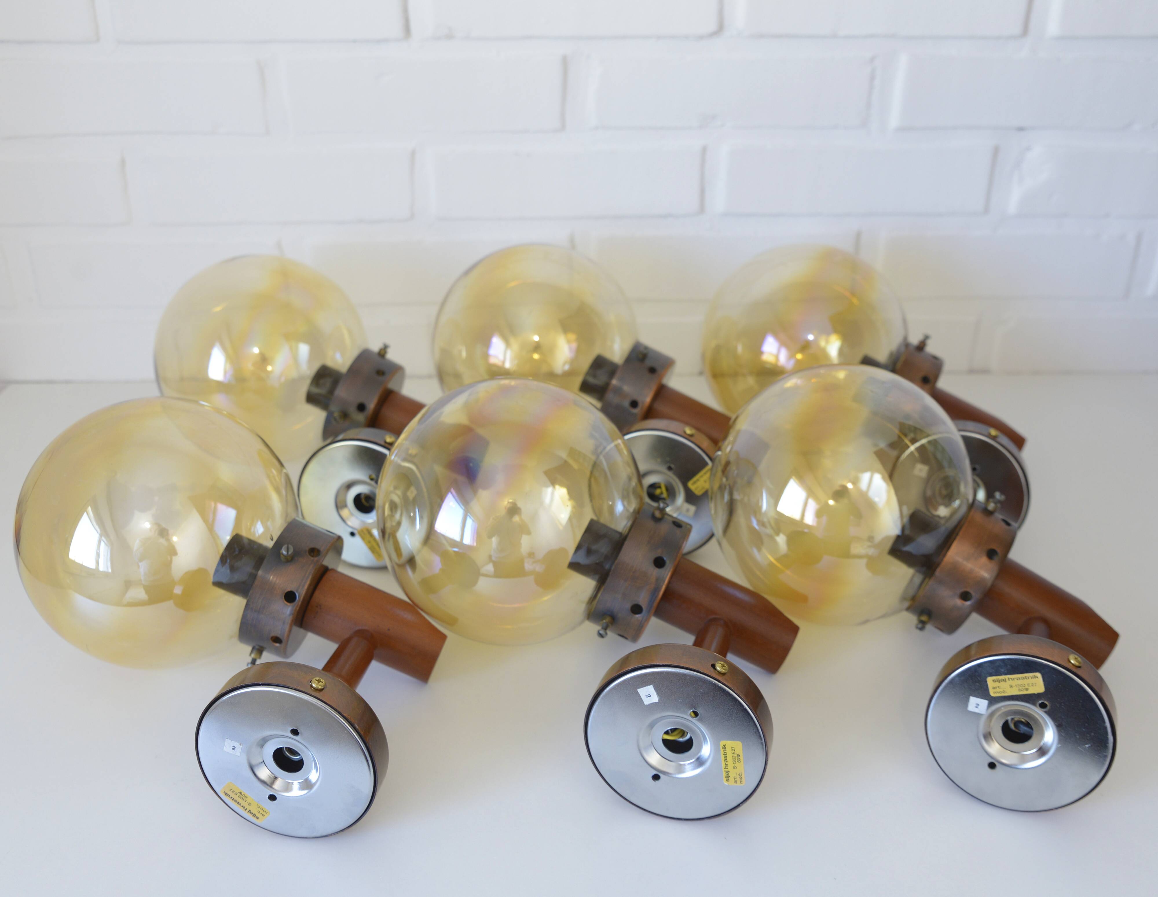 1 of 6 vintage wall lamps, rustic sconces, wood and copper amber glass 1980