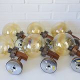 1 of 6 vintage wall lamps, rustic sconces, wood and copper amber glass 1980