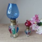 Set of two old coloured glass oil lamps Hong Kong.