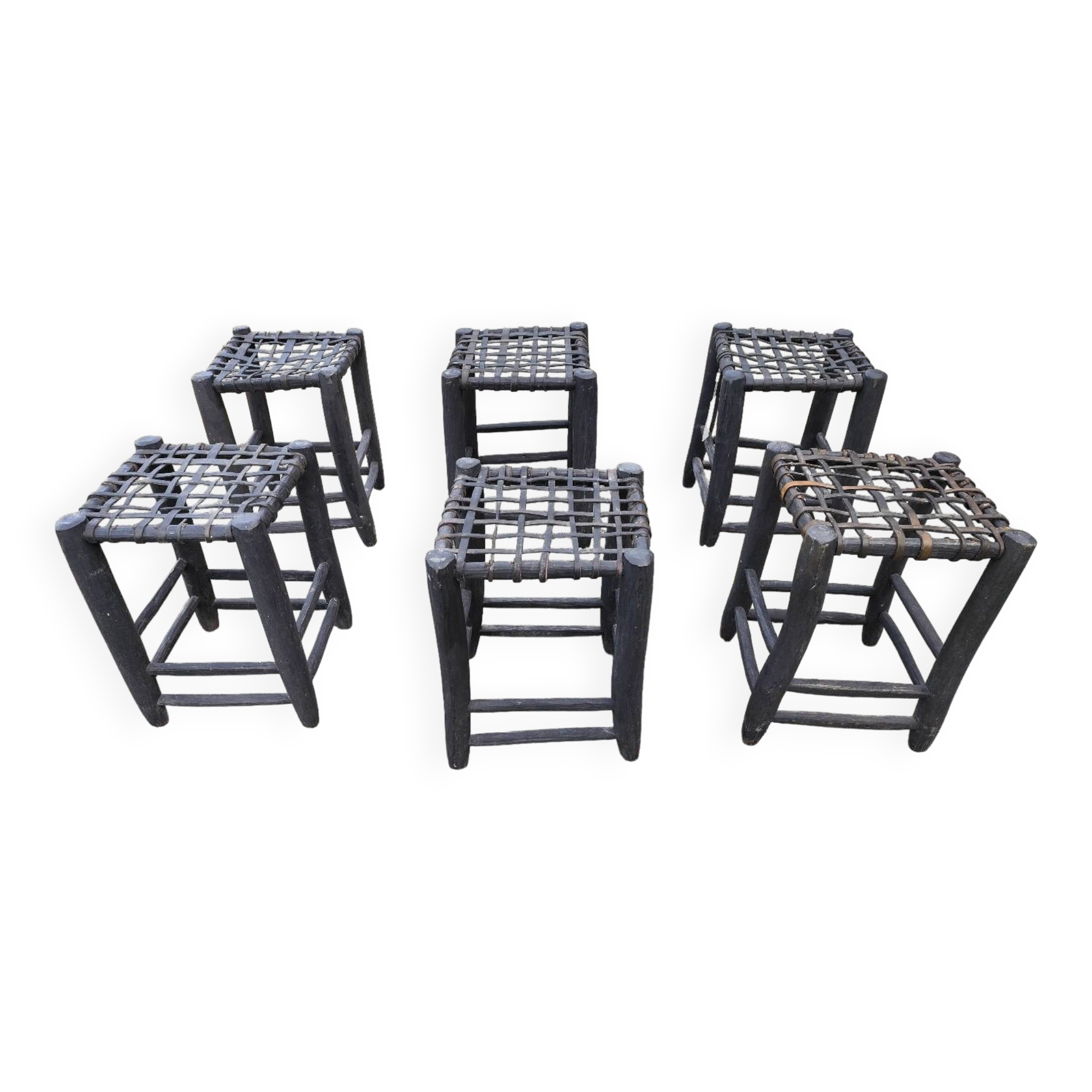 6 tabourets bois assise tressée de Cuir Nina Kaufmann