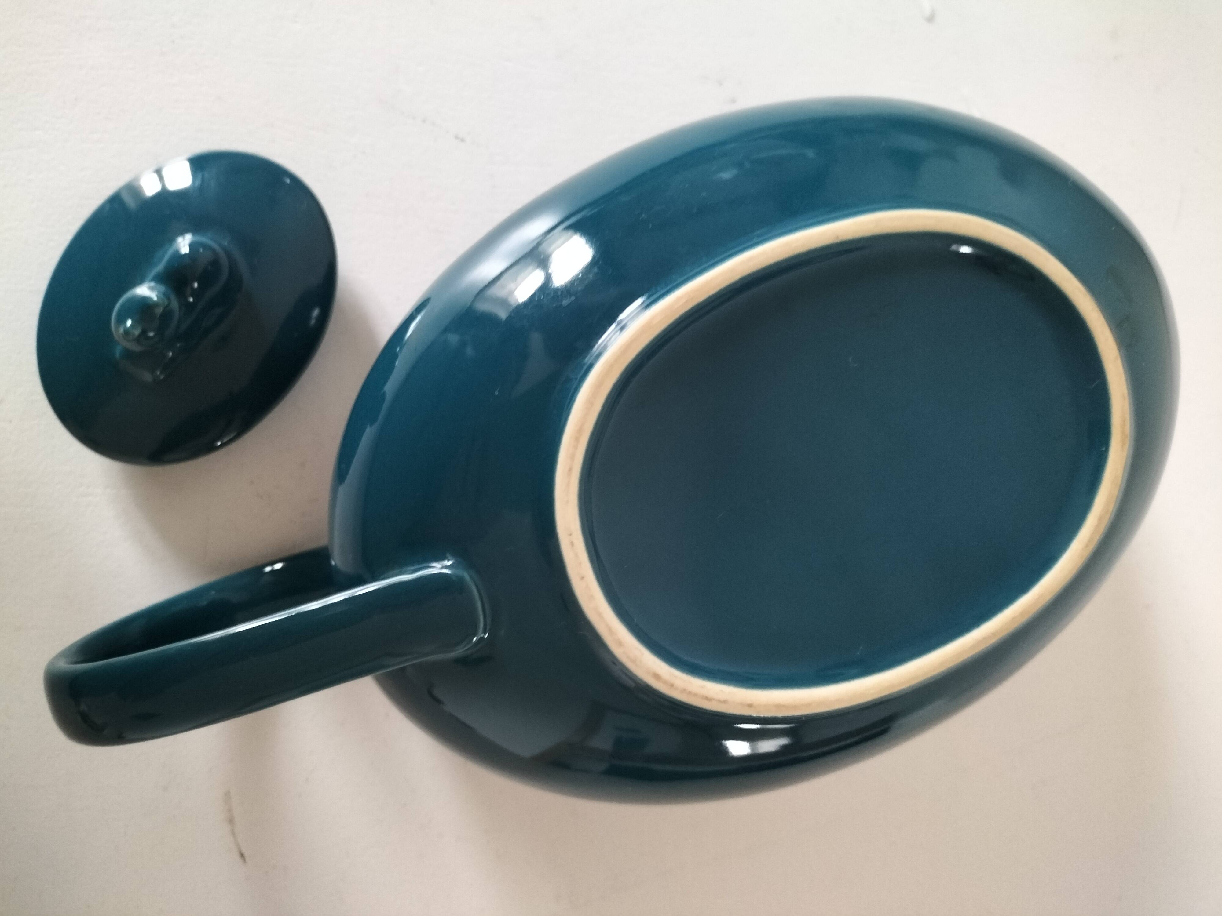 Vintage design teapot – cat model – duck blue glazed ceramic