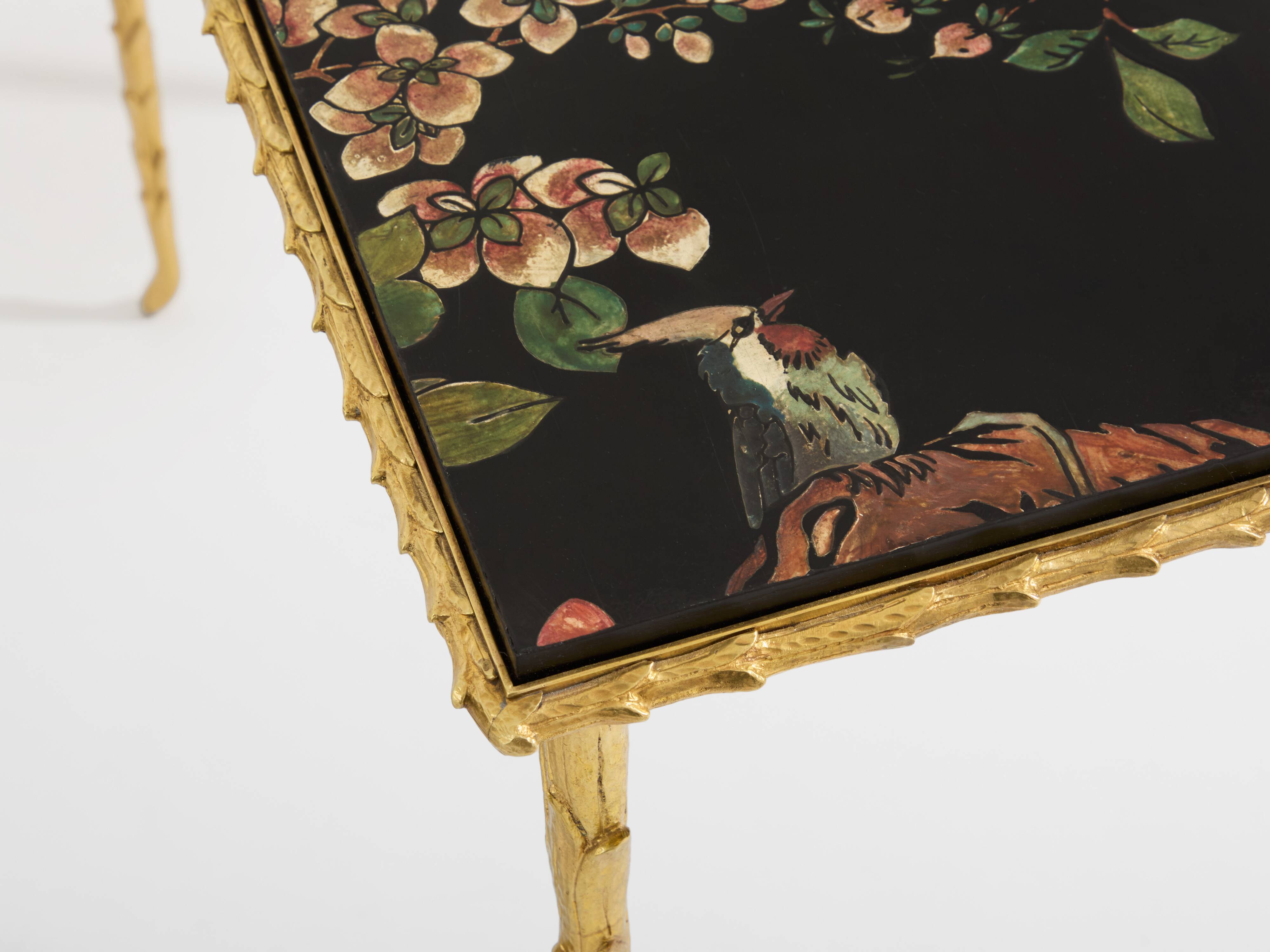 Bronze-gilded foliage side tables, Chinese lacquer, Maison Baguès, 1950.