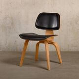 Charles & Ray Eames DCW Ash dining chair with Dark Brown Leather seat for Vitra