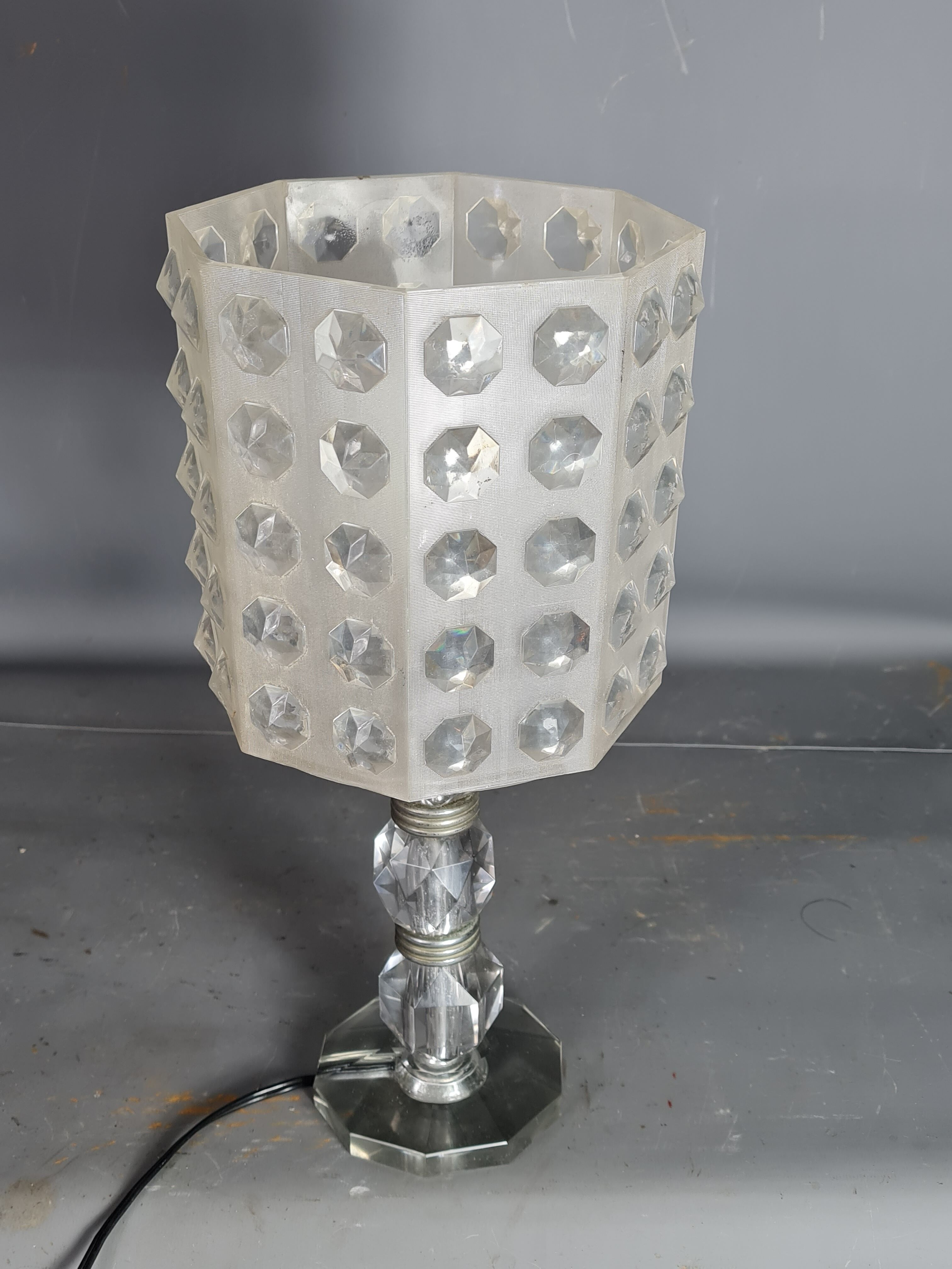 Table lamp foot glass & diamond plastic lampshade Vintage 50-60