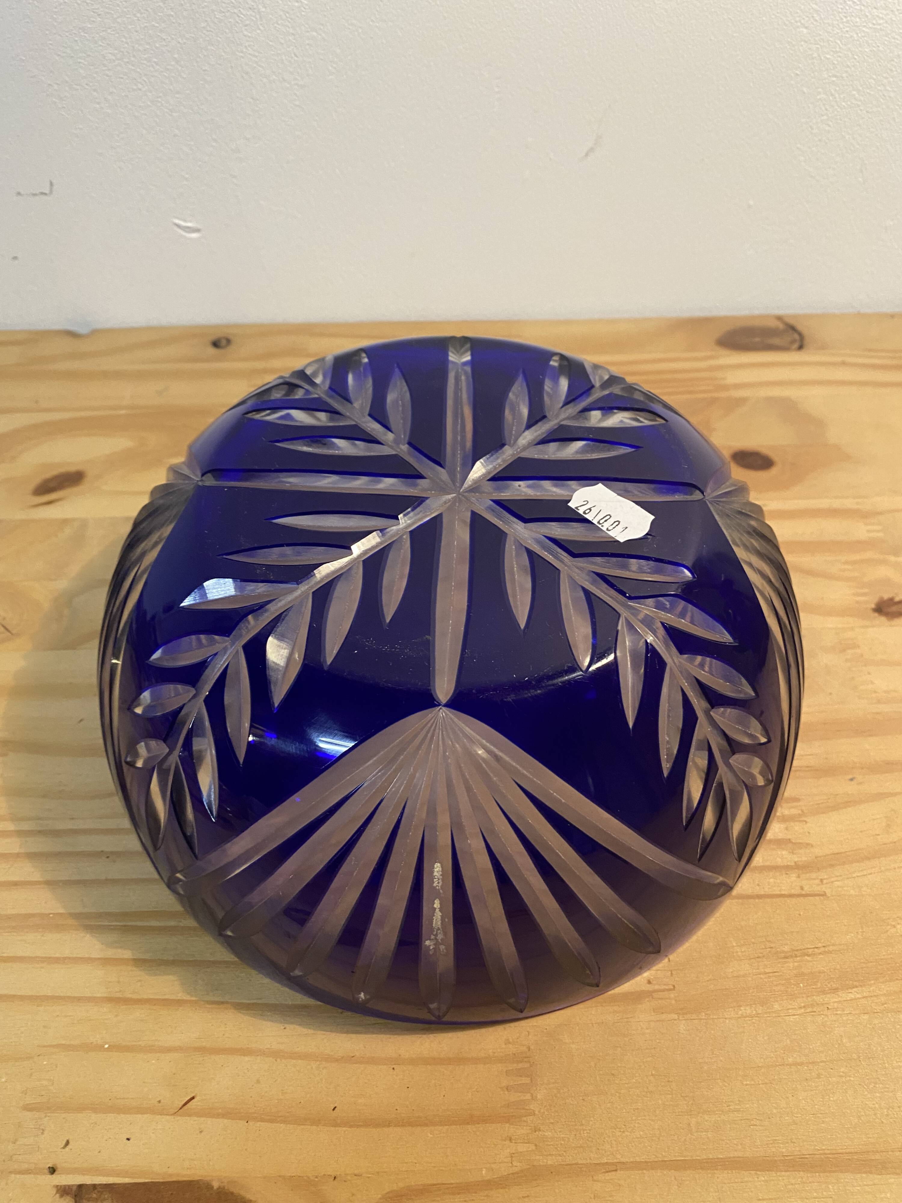 Cobalt Blue Cut Glass Salad Bowl