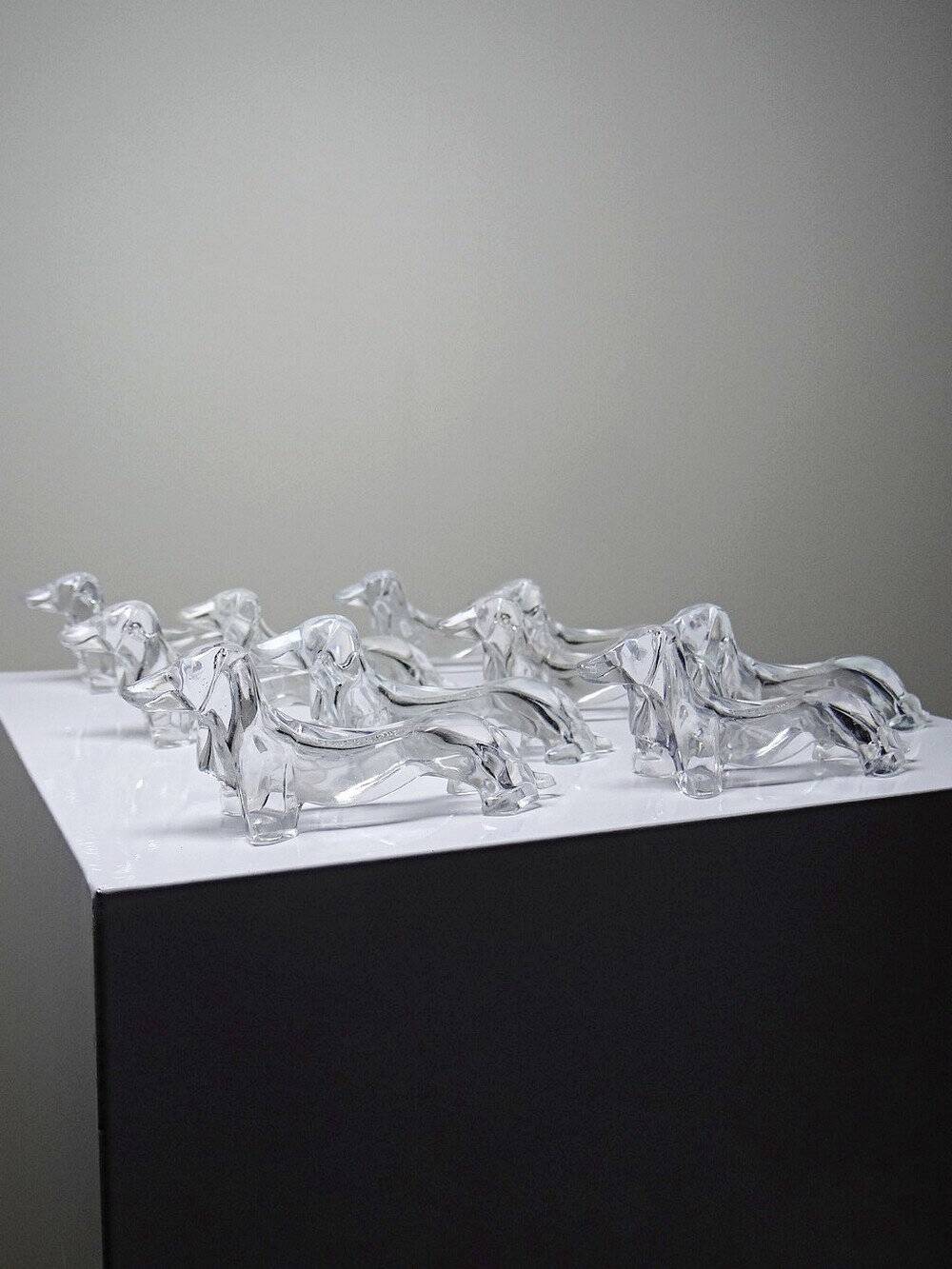 Vintage Gervais Danone knife holders, dachshund design, clear plastic