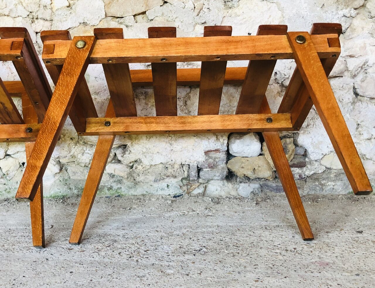 Pair of slatted side tables, Scandinavian style, 60s