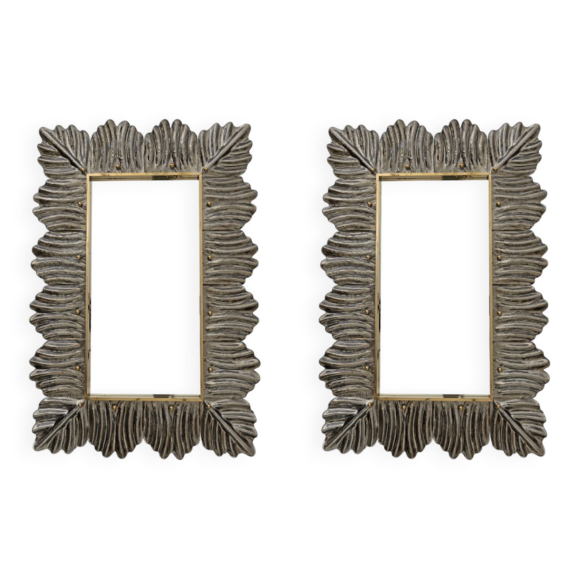 Pair of Mid Century Modern Italian Brass and Leaf Murano Glass Wall Mirrors
