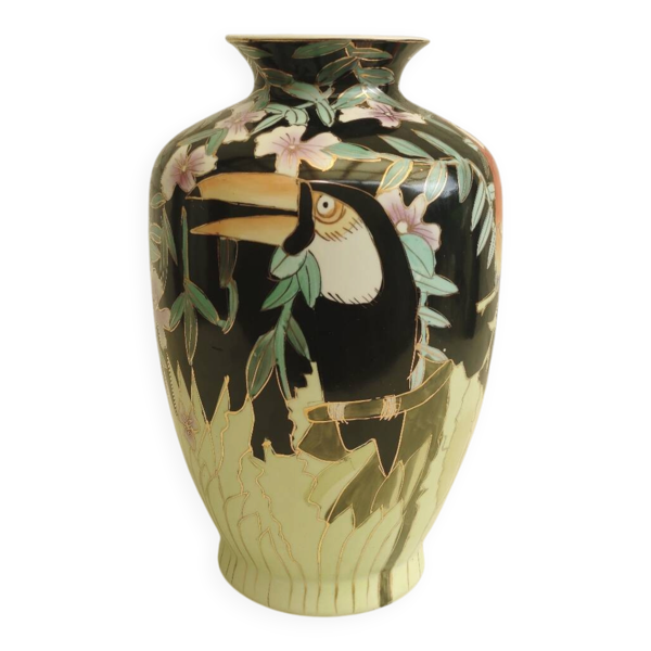 Grand vase Toucan ''Jungle''en porcelaine émaillée