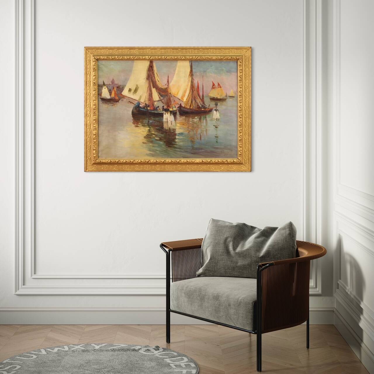 Signed painting and dated seascape with boats from the 20th century