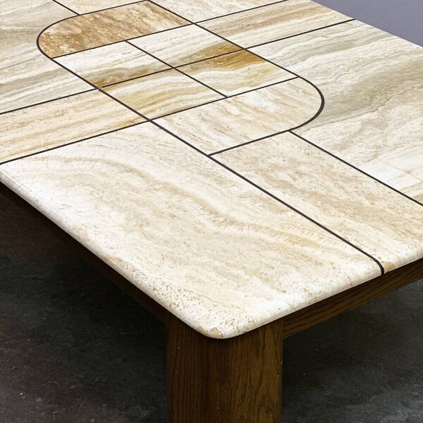 Table basse en travertin et chêne, années 1970