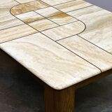 1970s travertine coffee table with sculptural top and solid oak base