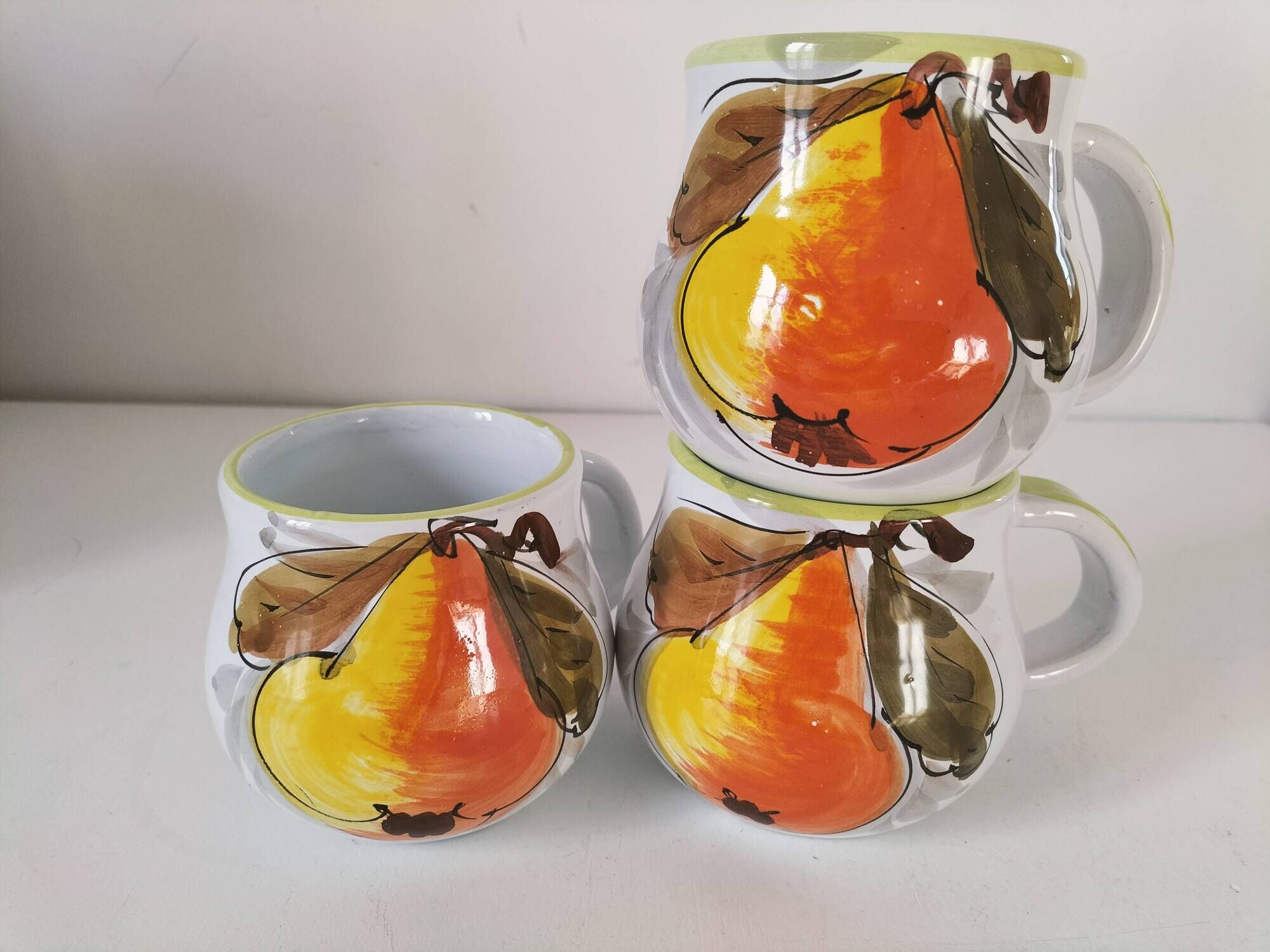 Trio of vintage Italian earthenware mugs, hand-painted – pear motif
