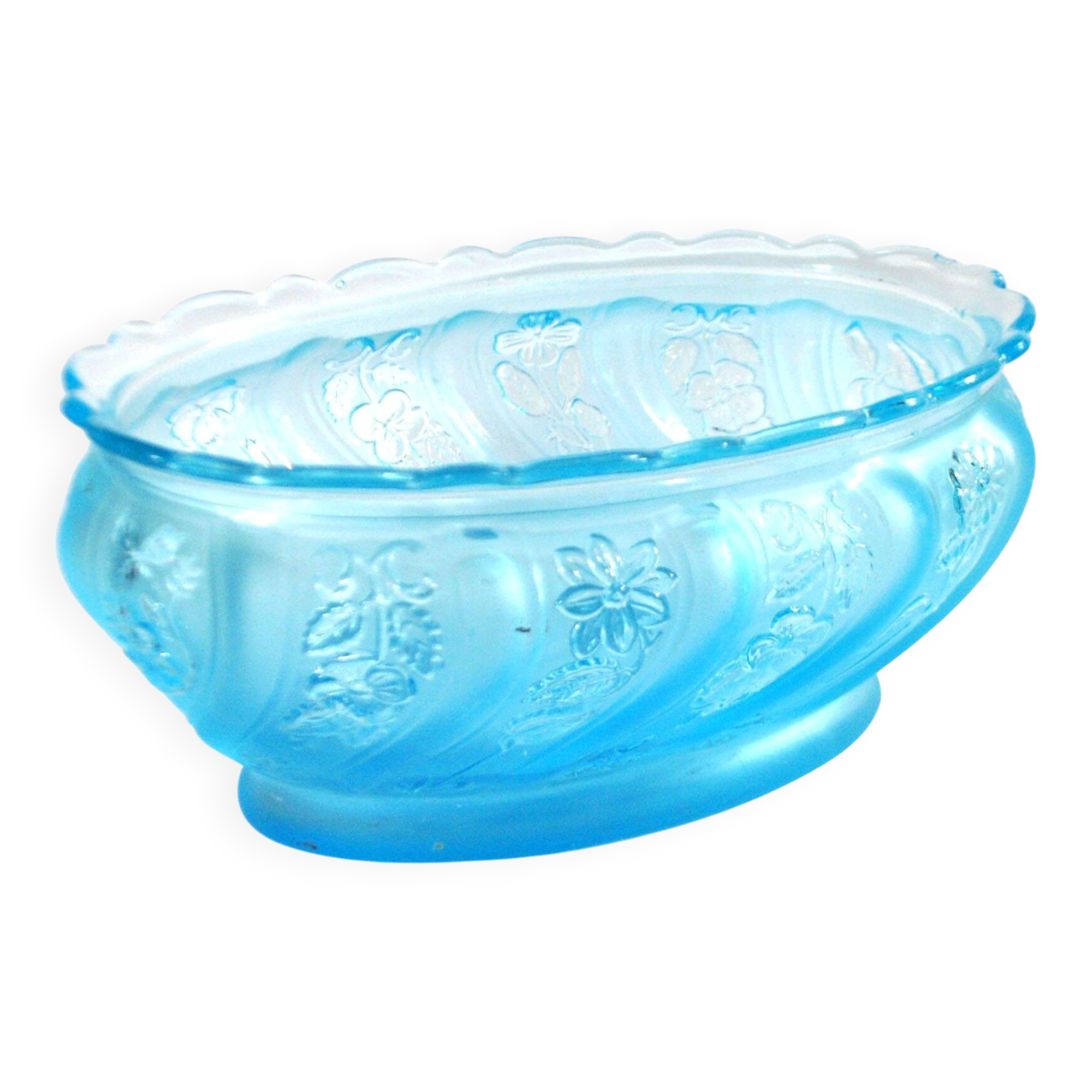 Old oval coupe basket in moulded blue glass, frosted acid, 1900.