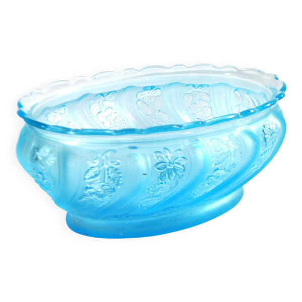 Coupe ancienne ovale corbeille en verre moulé bleu 1900 dépoli acide