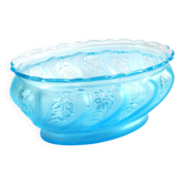 Old oval coupe basket in moulded blue glass, frosted acid, 1900.