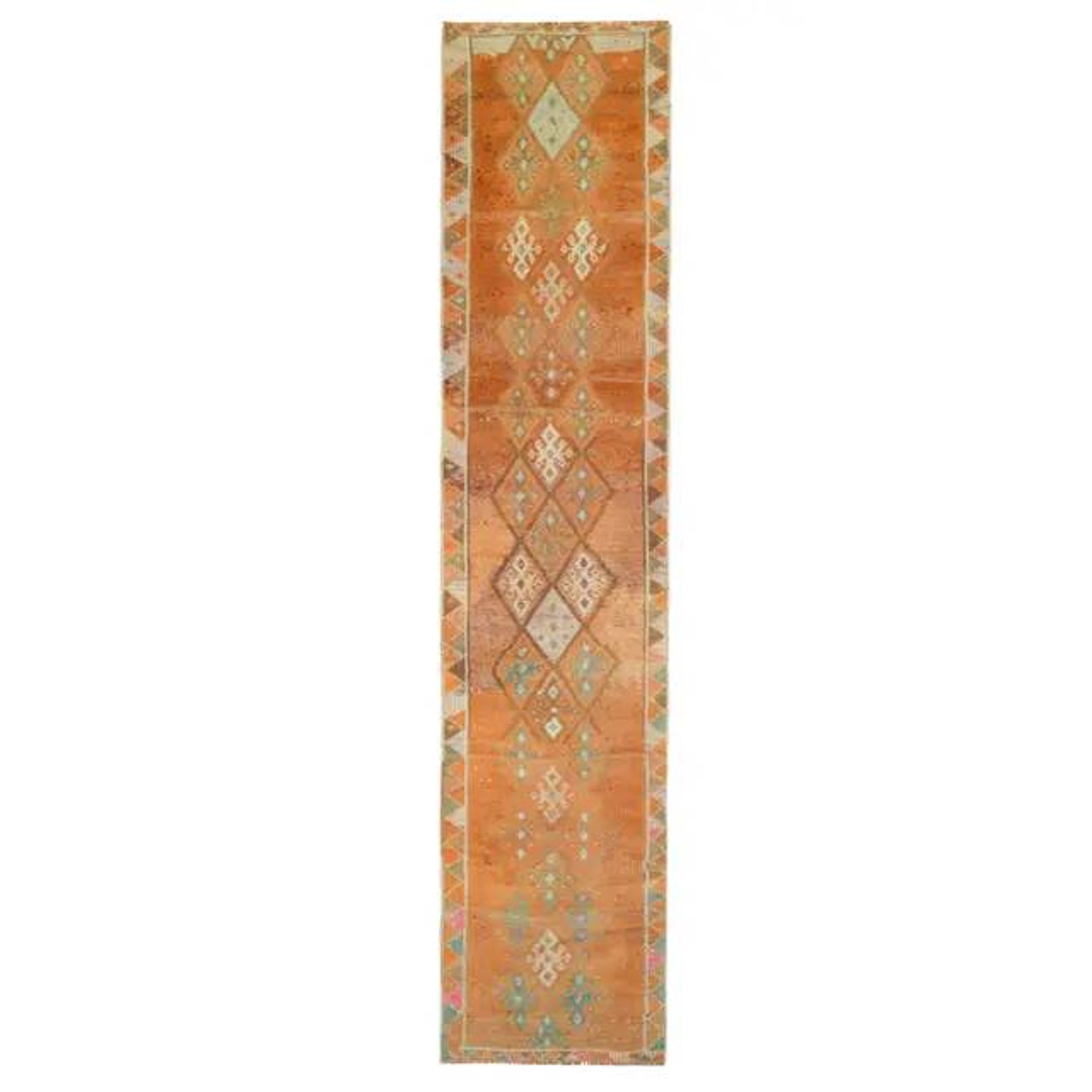 Tapis couloir vintage en laine et coton turc noué à la main orange 83x388