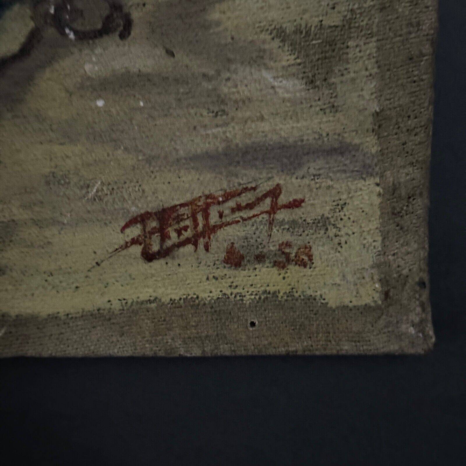 Oil on canvas fishing boats at the quayside 1956