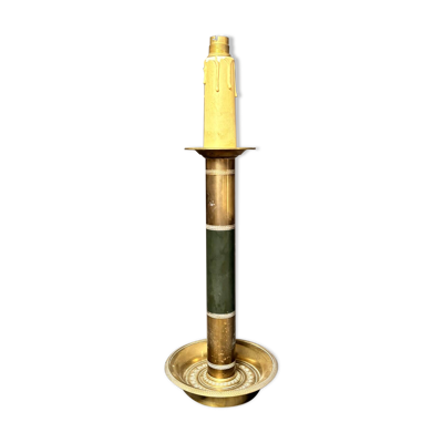 Ancien pied de lampe, bougeoir colonne Empire en laiton doré et vert