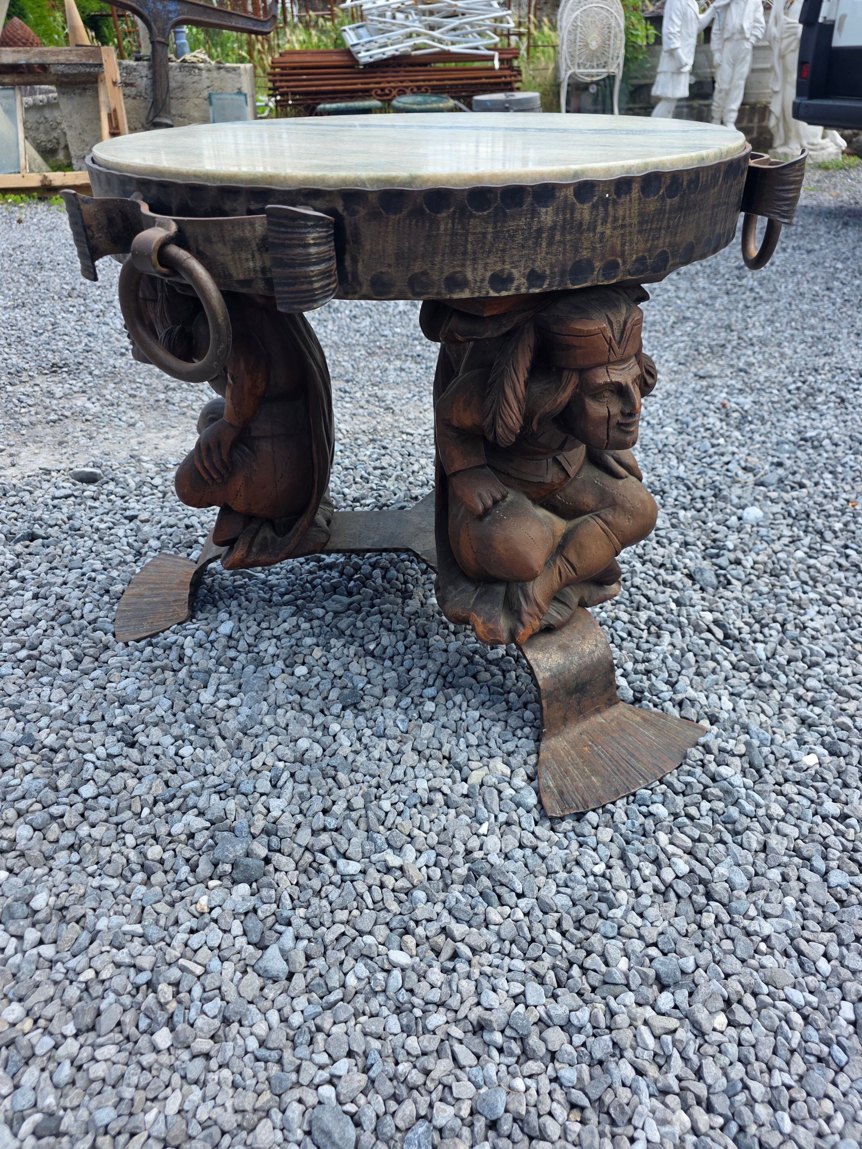 Wrought iron and marble coffee table, Jean Maurice Rothschild, circa 1950.