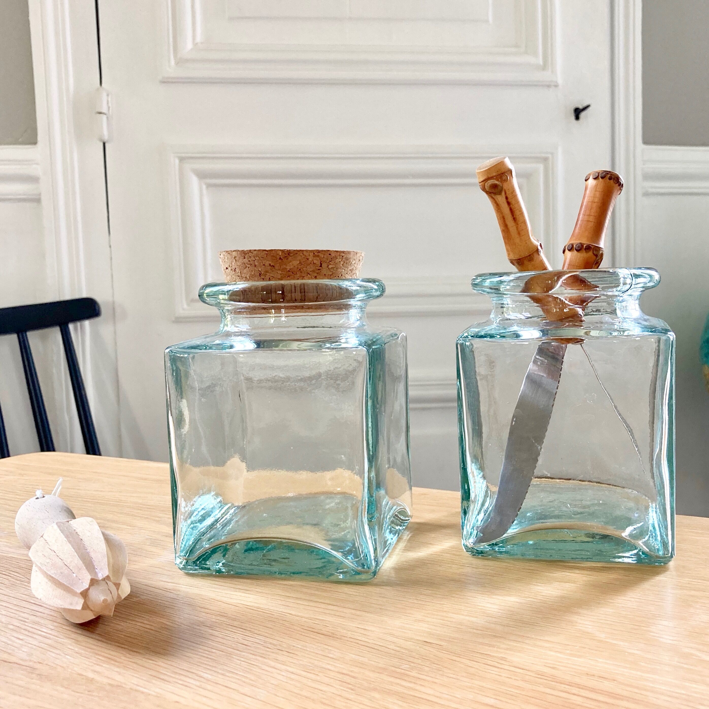 Pair of square jars in tinted glass and corks