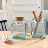 Pair of square jars in tinted glass and corks