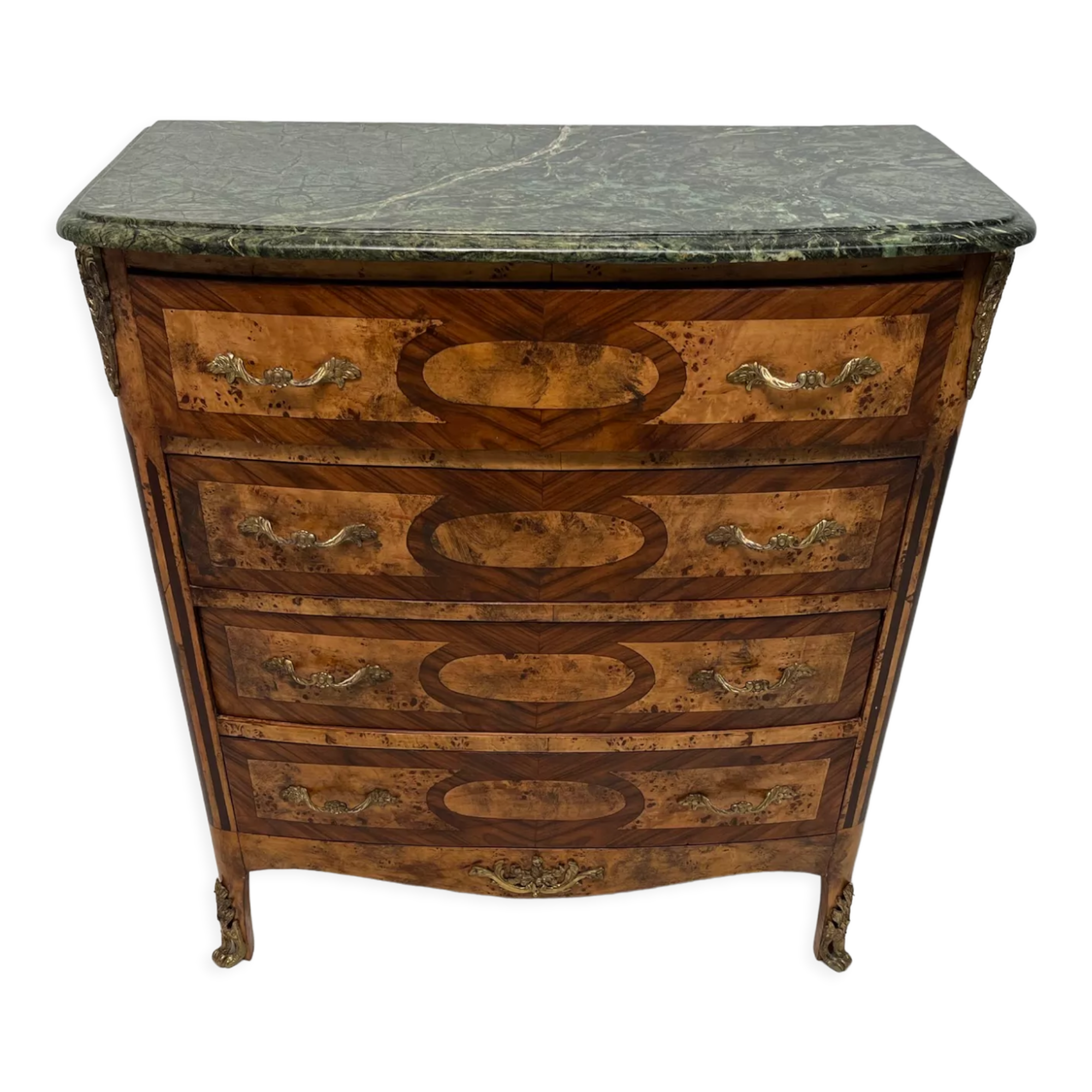 Commode 4 tiroirs marqueterie plateau marbre vert